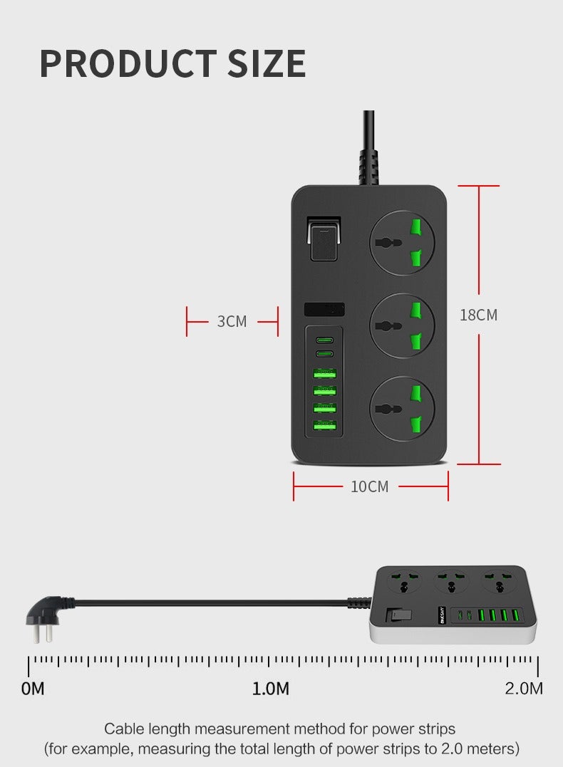 مقبس طاقة متعدد الوظائف مع USB، سلك تمديد 2 متر، 250 فولت، لوحة توصيل منزلية للمكتب، مقبس طاقة ذكي عالي الطاقة - Image 5