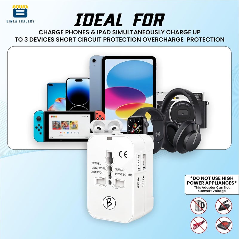 Btag Universal Travel Adapter All-in-One Worldwide Plug Adapter, International with Dual USB Ports (2U – 1A), Multi-Country Power Outlet, Compact Adapter (100-240V)(White) - Image 5