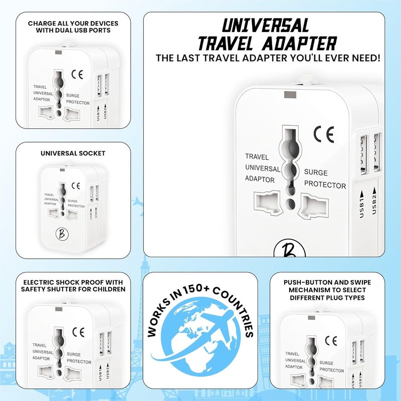 Btag Universal Travel Adapter All-in-One Worldwide Plug Adapter, International with Dual USB Ports (2U – 1A), Multi-Country Power Outlet, Compact Adapter (100-240V)(White) - Image 4