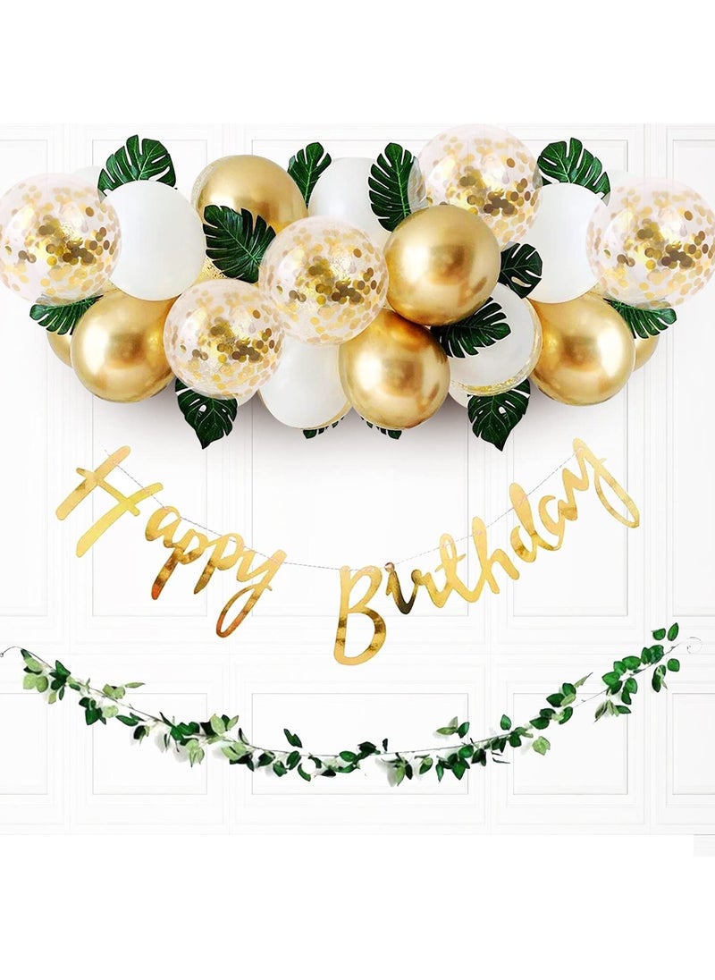 Party Propz Party Propz Golden Birthday Decoration Items - 36 Pcs Happy Birthday Decoration Kit With Golden Balloons & Artificial Leaves | Golden Confetti Balloons for Birthday | Happy Birthday Banner (Cardstock)  - Image 1