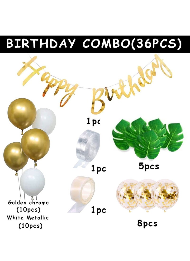 Party Propz Party Propz Golden Birthday Decoration Items - 36 Pcs Happy Birthday Decoration Kit With Golden Balloons & Artificial Leaves | Golden Confetti Balloons for Birthday | Happy Birthday Banner (Cardstock)  - Image 2