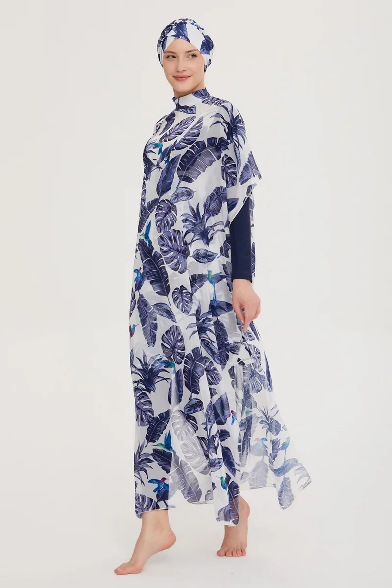 Remsa Mayo Remsa Hijab Swimsuit Design Single Kaftan Pareo 430-105 Blue Leaves