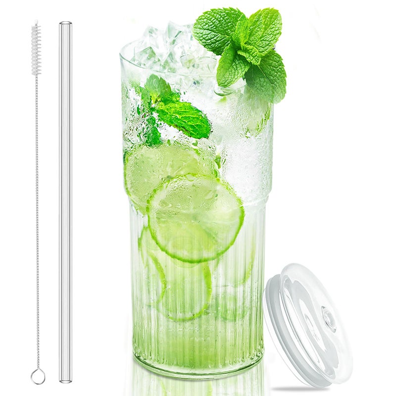 Luiaiog Glass Cups with Lids and Glass Straws, High Borosilicate 20OZ Tumblers for Coffee, Tea, Juice, Smoothies, Hot/Cold Drinks at Home, Office - Image 1