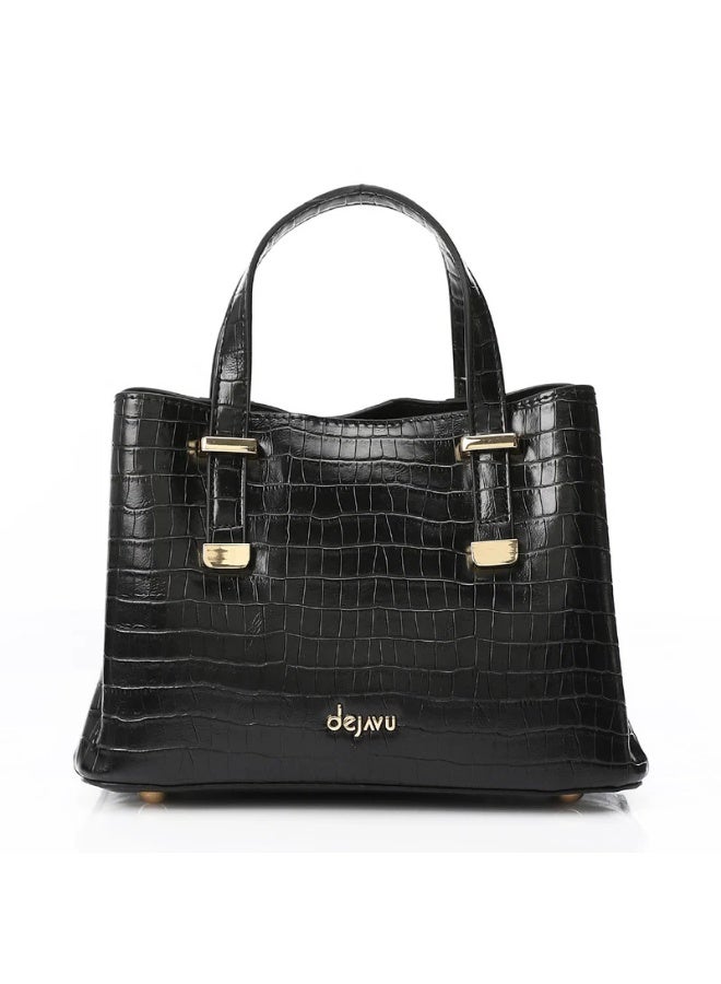 DejaVu One Main Compartment Black Faux Leather Handbag - Image 1