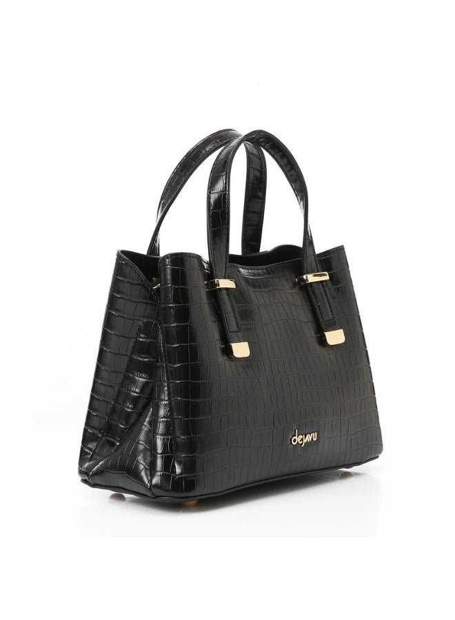 DejaVu One Main Compartment Black Faux Leather Handbag - Image 3