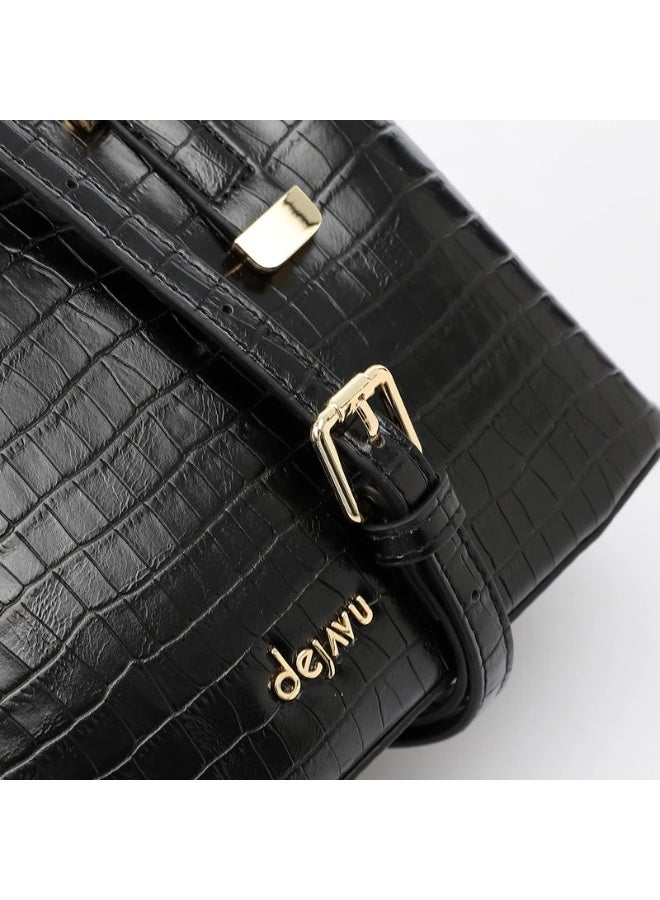 DejaVu One Main Compartment Black Faux Leather Handbag - Image 4