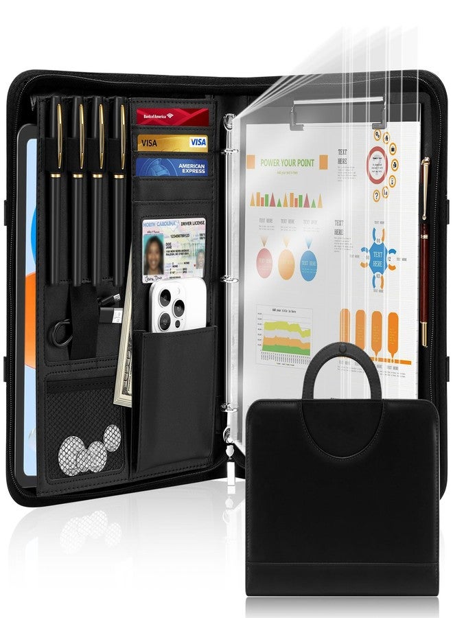 IYGHV IVGHV Portfolio Binder Organizer Portfolio Folder for Men Pu Leather Padfolio for Women - 3 Ring Binder with Handle & Clipboard, A4 Size Business Padfolio Folder for Resume Conference (Black) - Image 1