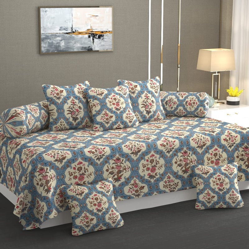 RUSTIC LINEN Diwan Set Cotton 8 Pc Deewan Printed Bedsheet Sets for Living Room Hall 1Bed Sheet 60x90 Inch 2Bolster Cover 16x32 Inch 5Cushion Cover 16x16 Inch Blue