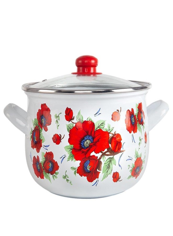 STP GOODS Enameled Aluminum Pot Poppies Belly Deep Casserole Cooking Pot with Glass Lid Cookware Soup Pot (2.1 L) - Image 1