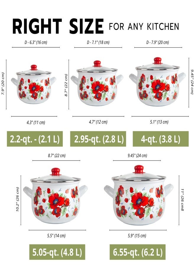 STP GOODS Enameled Aluminum Pot Poppies Belly Deep Casserole Cooking Pot with Glass Lid Cookware Soup Pot (2.1 L) - Image 3