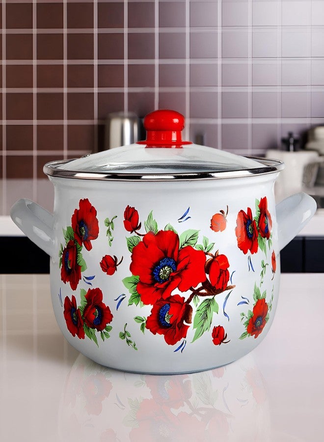 STP GOODS Enameled Aluminum Pot Poppies Belly Deep Casserole Cooking Pot with Glass Lid Cookware Soup Pot (2.1 L) - Image 2