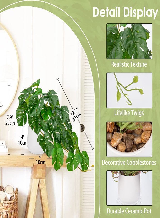 DILATATA Fake Plants Indoor 8 Inch Artificial Monstera Plant in White Ceramic Pot - Faux Potted Tropical Palm Plant for Home Aesthetic Decor Living Room Shelf Office - Image 2