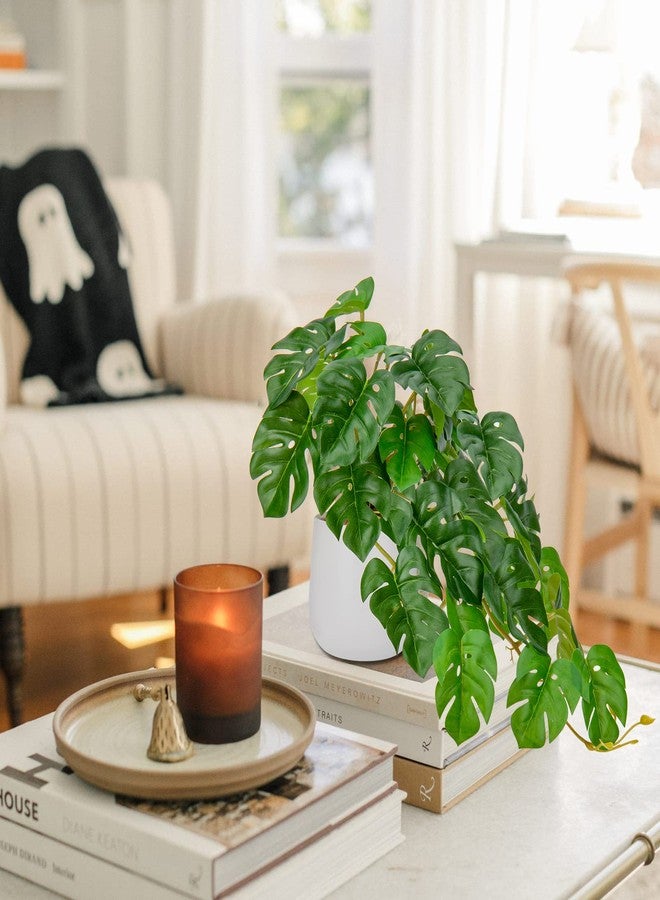 DILATATA Fake Plants Indoor 8 Inch Artificial Monstera Plant in White Ceramic Pot - Faux Potted Tropical Palm Plant for Home Aesthetic Decor Living Room Shelf Office - Image 4