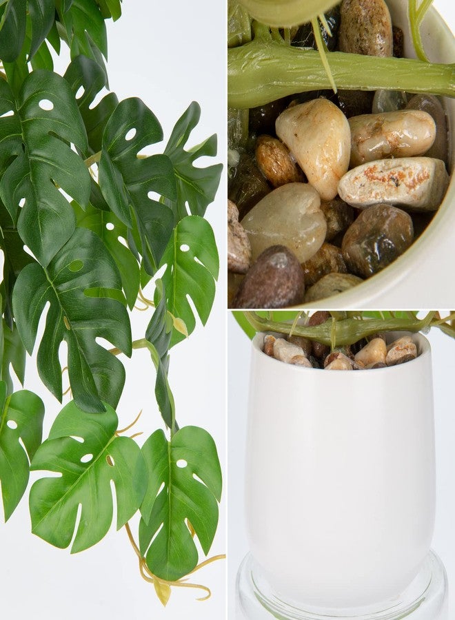 DILATATA Fake Plants Indoor 8 Inch Artificial Monstera Plant in White Ceramic Pot - Faux Potted Tropical Palm Plant for Home Aesthetic Decor Living Room Shelf Office - Image 3