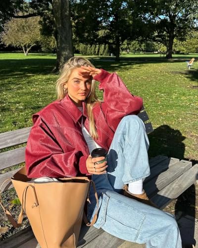 VOIKERDR Oversized Leather Jacket Women Faux Leather Motorcycle Zip Up Jackets Trendy Winter Jackets Outwear - Image 4