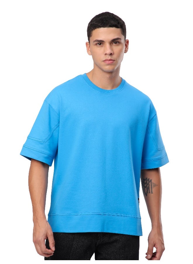 Beyoung Aqua Blue Cut And Sew Panel Oversized T-Shirt  - Image 3