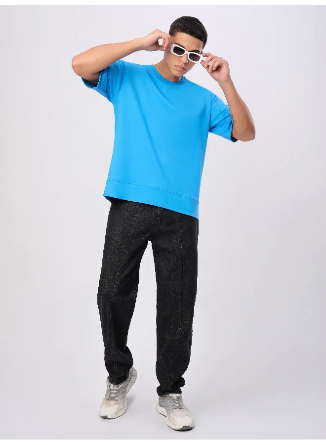 Beyoung Aqua Blue Cut And Sew Panel Oversized T-Shirt