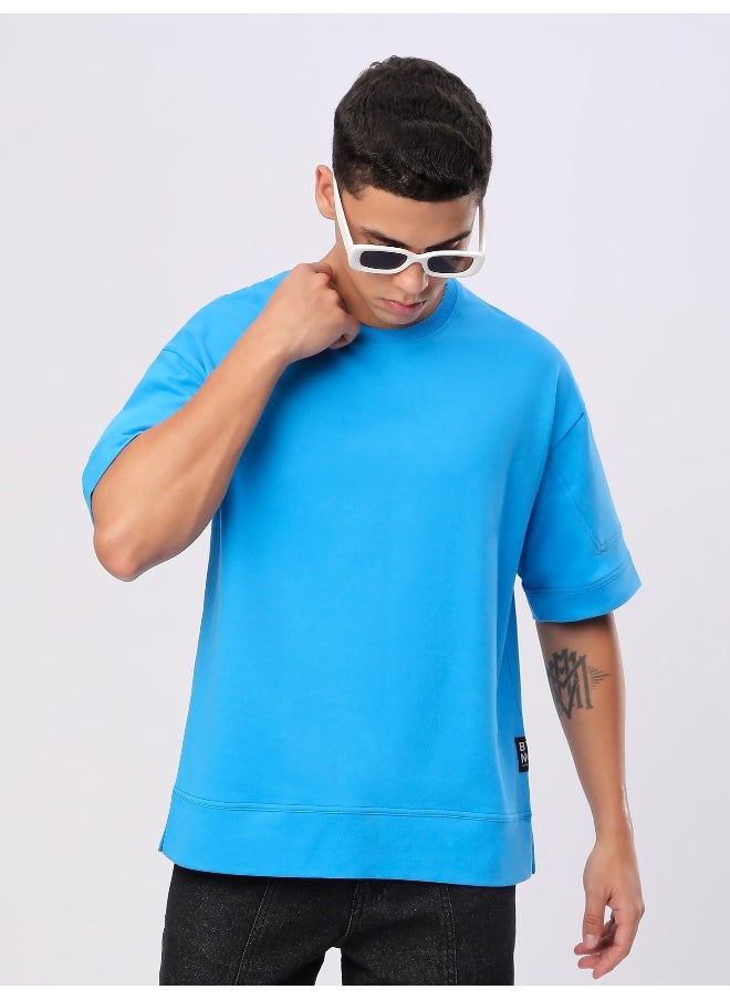 Beyoung Aqua Blue Cut And Sew Panel Oversized T-Shirt  - Image 1