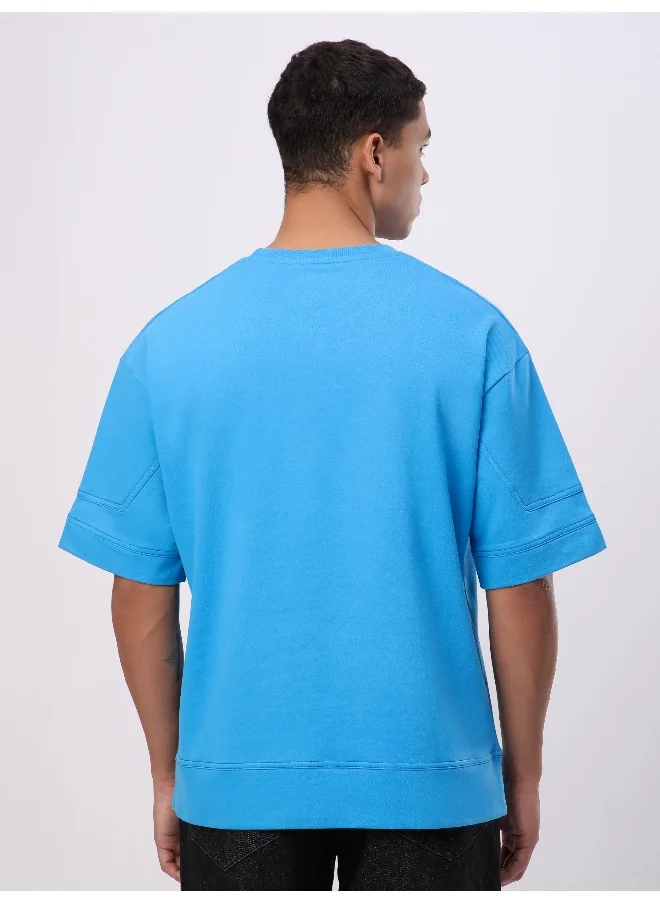 Beyoung Aqua Blue Cut And Sew Panel Oversized T-Shirt