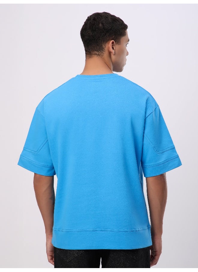 Beyoung Aqua Blue Cut And Sew Panel Oversized T-Shirt  - Image 2
