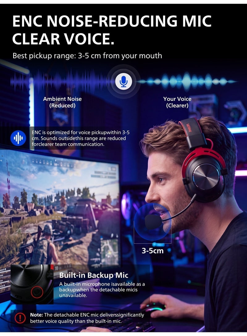 فيليبس سماعة رأس فيليبس TAG4 لاسلكية للألعاب، صوت محيطي 7.1، متوافقة مع PS5/PS4 والكمبيوتر وNintendo Switch والهاتف المحمول، قاعدة ذكية بشاشة LCD ومستقبل لاسلكي، زمن استجابة أقل من 15 مللي ثانية عبر 2.4GHz، محركات صوت 53 مم، ميكروفون قابل للفصل بتقنية ENC لإلغاء الضوضاء، عمر بطارية يصل إلى 90 ساعة، اتصال ثلاثي 2.4GHz وBluetooth 5.4 وسلكي - Image 2