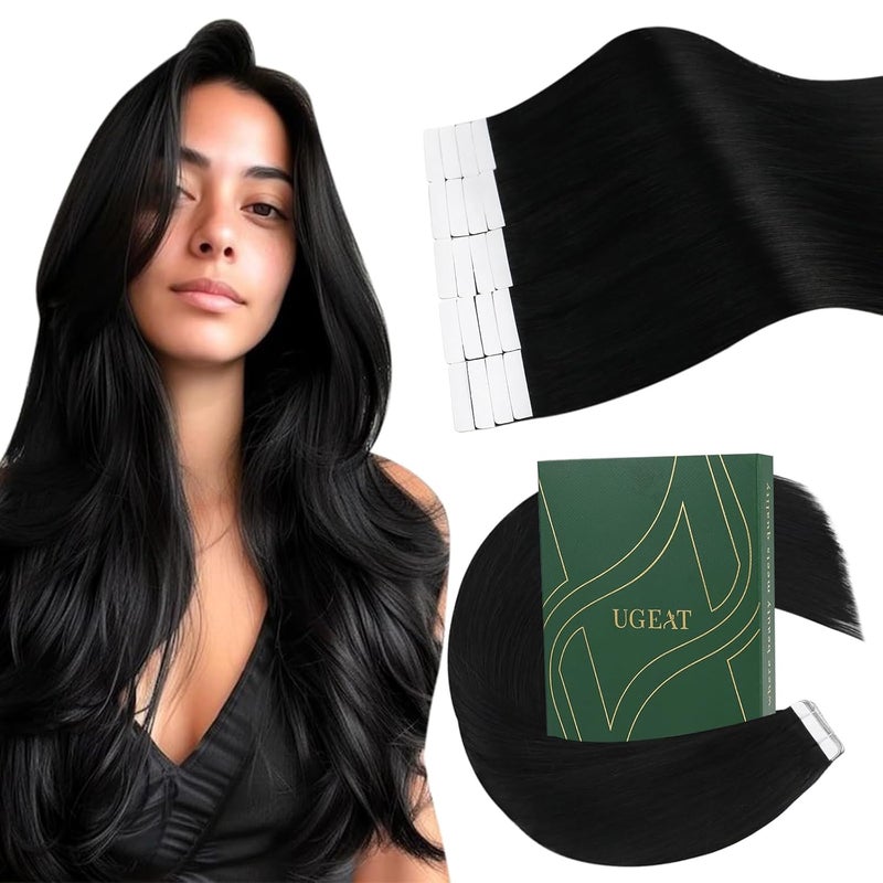 Ugeat Tape in Hair Extensions Human Hair Black Tape in Human Hair Extensions Jet Black Seamless Invisible Hair Extensions Black Tape in Real Human Hair for Women 18 inch 20Pcs 50G