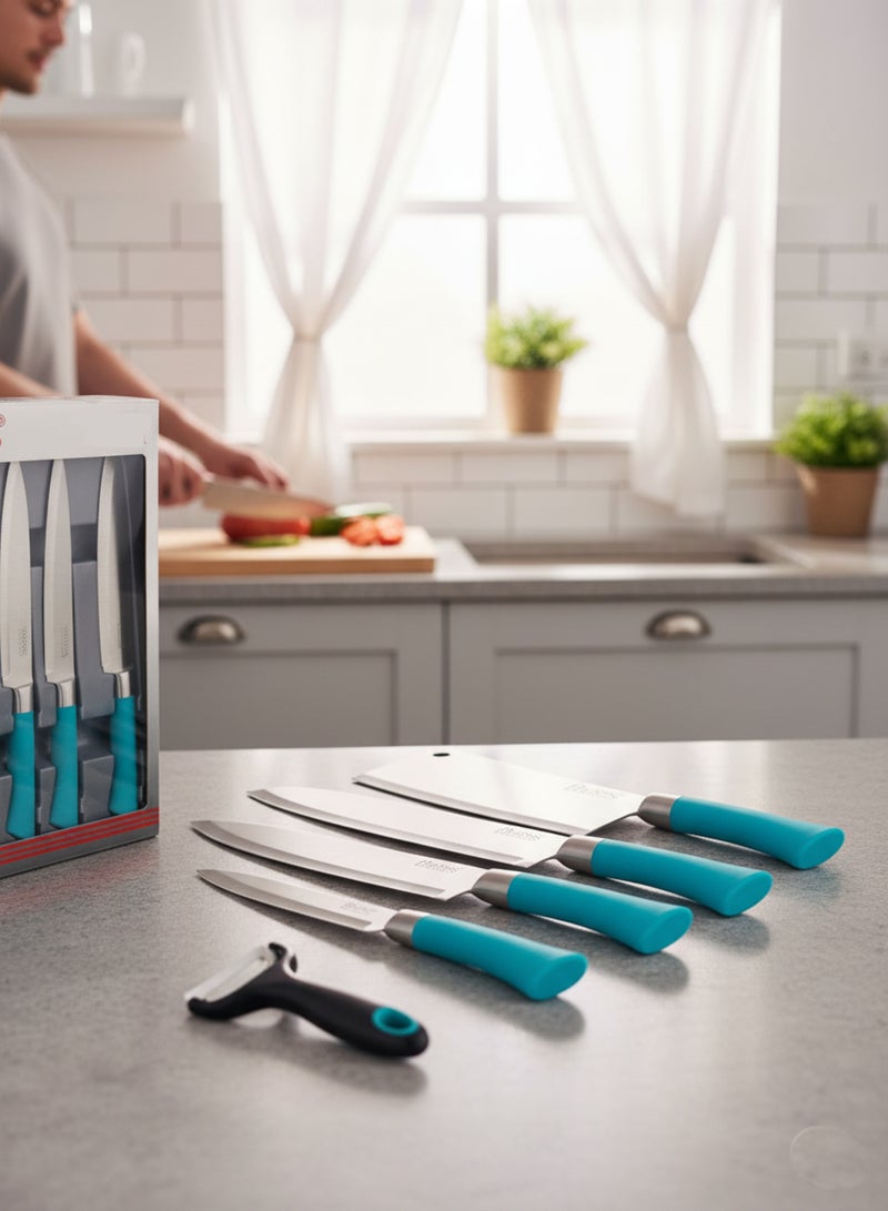 باصرة طقم سكاكين مطبخ احترافي 6 قطع مع مقشرة، شفرات حادة من الستانلس ستيل ومقابض مريحة، أدوات تقطيع - Image 1