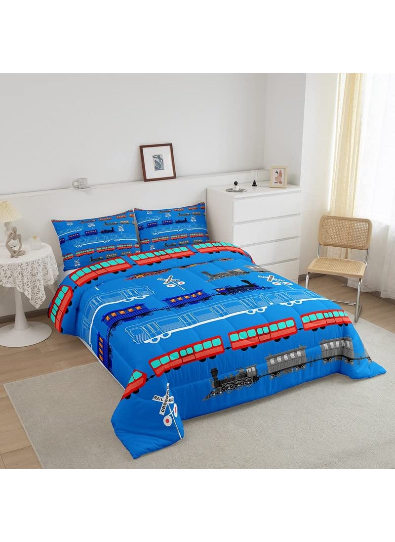 Feelyou Feelyou Cartoon Car Comforter Set for Kids Boys Girls Vintage Car Comforter Train Bedding Set Decor Retro Steam Train Blue Light Sign Duvet Set King Size Quilt 3Pcs Boys  - Image 2