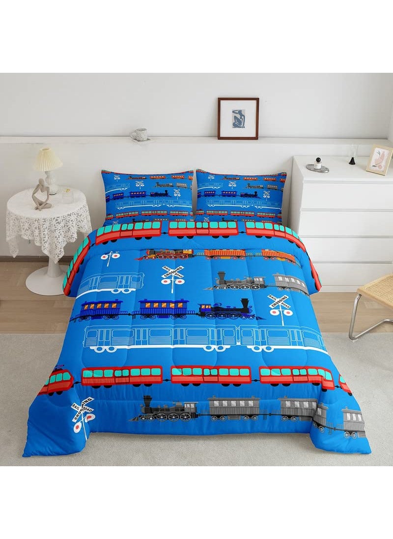 Feelyou Feelyou Cartoon Car Comforter Set for Kids Boys Girls Vintage Car Comforter Train Bedding Set Decor Retro Steam Train Blue Light Sign Duvet Set King Size Quilt 3Pcs Boys  - Image 1