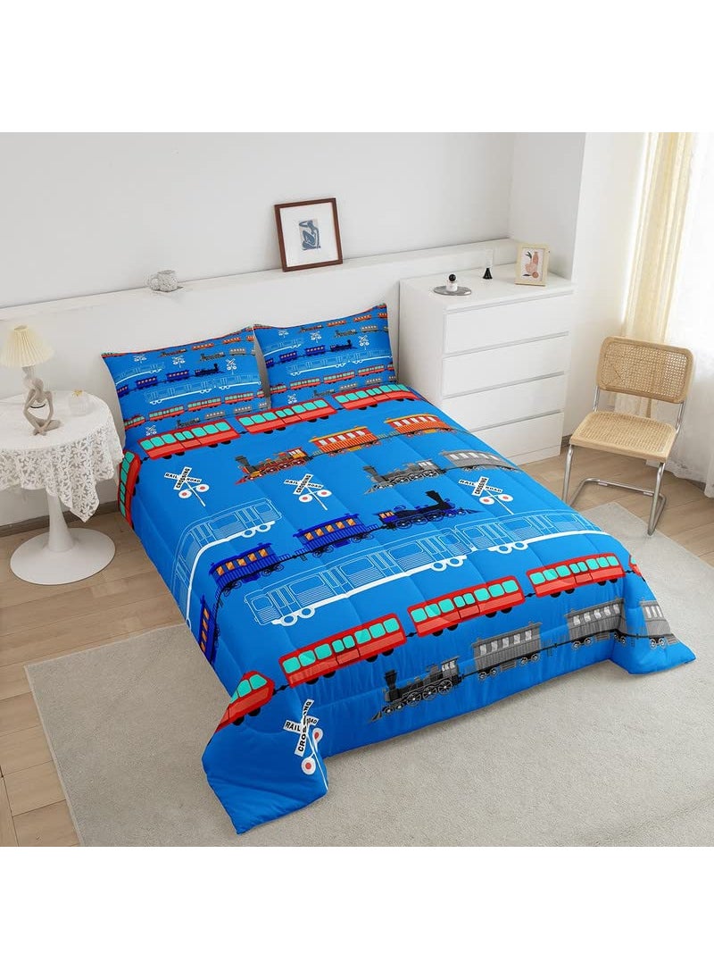 Feelyou Feelyou Cartoon Car Comforter Set for Kids Boys Girls Vintage Car Comforter Train Bedding Set Decor Retro Steam Train Blue Light Sign Duvet Set King Size Quilt 3Pcs Boys  - Image 3