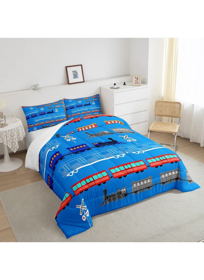 Feelyou Feelyou Cartoon Car Comforter Set for Kids Boys Girls Vintage Car Comforter Train Bedding Set Decor Retro Steam Train Blue Light Sign Duvet Set King Size Quilt 3Pcs Boys  - Image 4