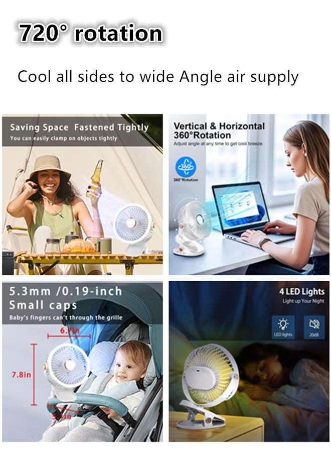 Small Desk Clip on Portable Fan with LED Lights,5 Speed Mini Table Fan, 720° Rotate Quiet Personal Cooling Fan for Home, Stroller,Golf Cart, Office, Outdoor, Camping, USB Rechargeable - Image 3