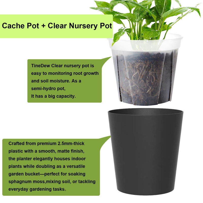TineDew 3 Pack of 6in Plastic Cachepot with 6 inch Clear nusery Pot - self Watering Indoor Planter with Drainage for Root Visibility,semi Hydro pots for repotting Orchids,Aroid or Monstera,Black - Image 2