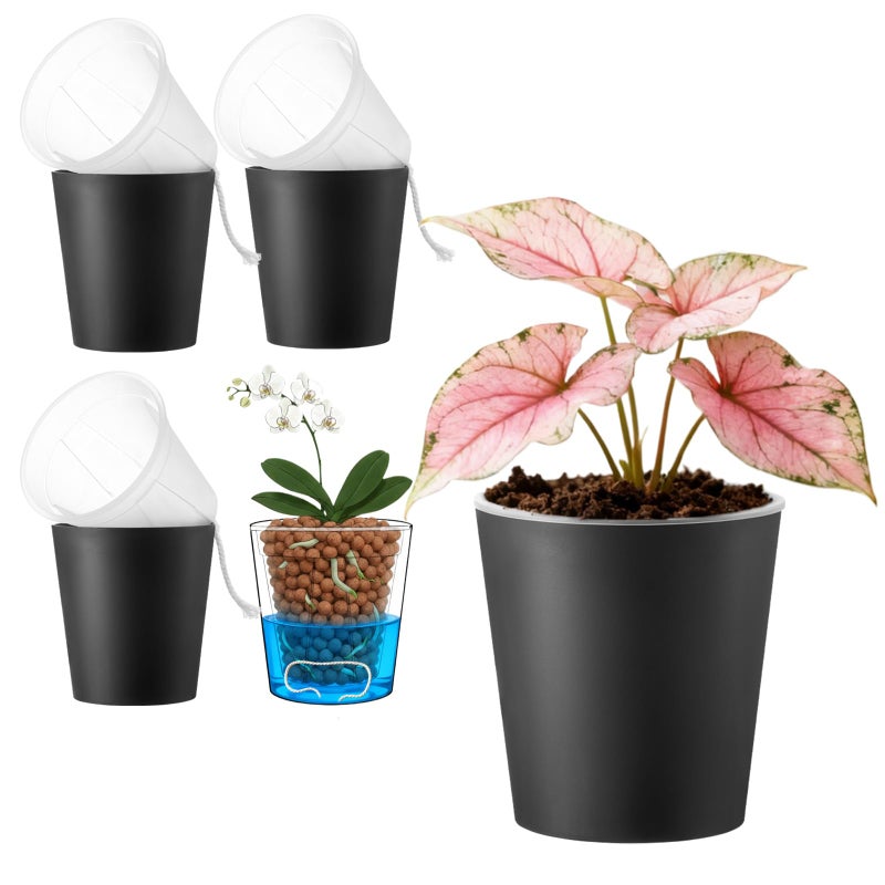 TineDew 3 Pack of 6in Plastic Cachepot with 6 inch Clear nusery Pot - self Watering Indoor Planter with Drainage for Root Visibility,semi Hydro pots for repotting Orchids,Aroid or Monstera,Black - Image 1