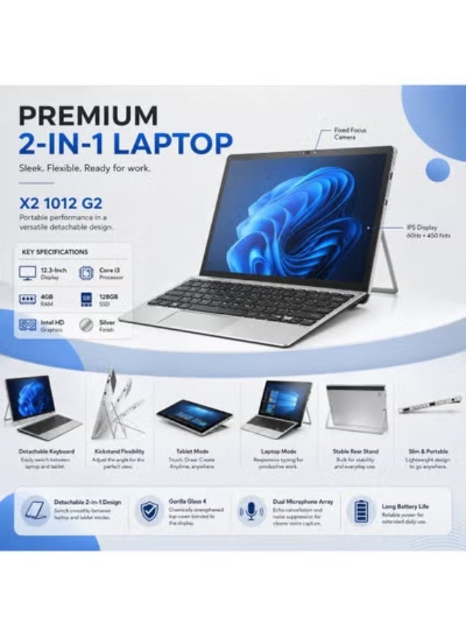 لابتوب أعمال استيراد 2 في 1 بشاشة لمس، معالج Intel Core i3، ذاكرة 4 جيجابايت، هارد 128 جيجابايت SSD، تصميم متحول خفيف الوزن مع باقة إكسسوارات (حامل، ماوس، وشنطة حماية) - Image 3