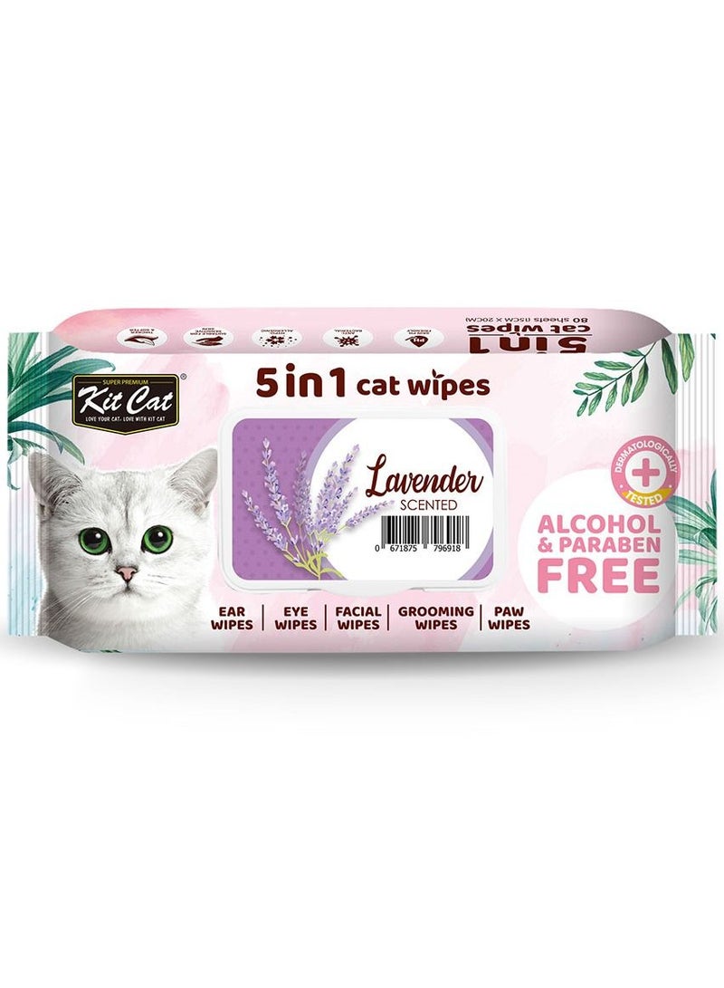 Kit Cat 5 in 1 Cat Wipes Lavender Scented 80 Sheets - Image 1