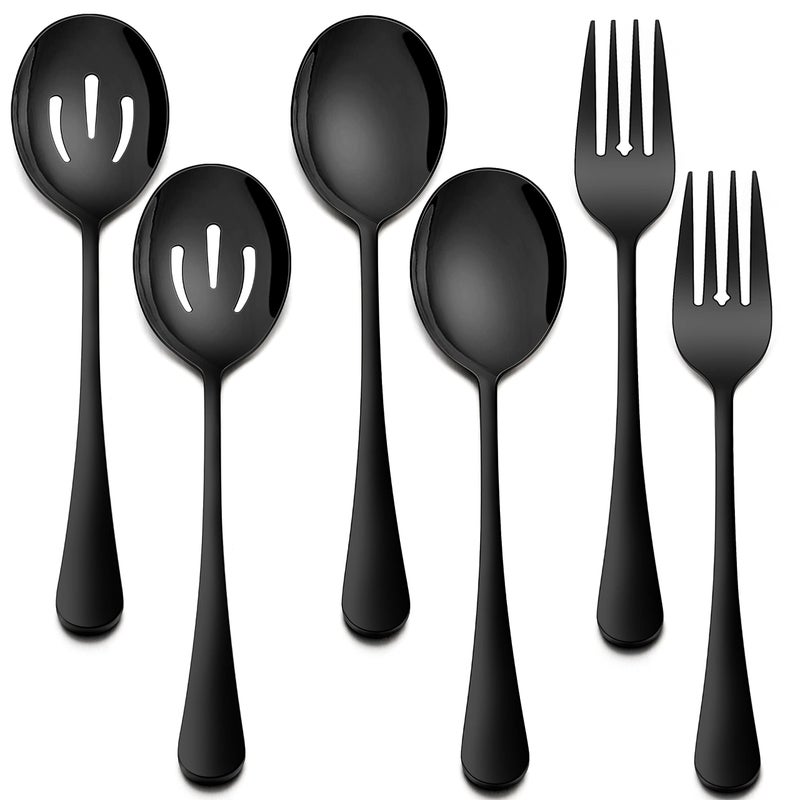 Homikit Stainless Steel 2 Black Serving Spoons 2 Black Slotted Serving Spoons 2 Black Serving Forks Metal Buffet Party Banquet Restaurant Catering Serving Utensils Mirror Polish Dishwasher Safe