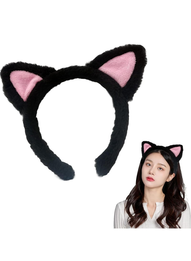 إسكدنيا عصابات رأس بأذني قطة - رباط شعر ناعم للمكياج والاستحمام، لطيف للفتيات المراهقات والنساء (أسود). - Image 1