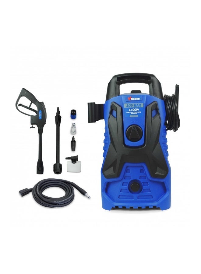 VTOOLS 1400W Electric Pressure Washer, 105 Bar, 5M Hose, 250ml Foam Bottle, Long Spray Gun, Inlet Filter, Compact Car Washer for Home, Garden, and Driveway Cleaning, Blue, VT1508-105 - Image 1