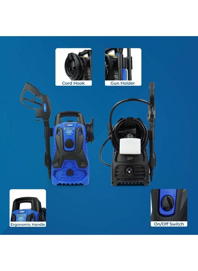 VTOOLS 1400W Electric Pressure Washer, 105 Bar, 5M Hose, 250ml Foam Bottle, Long Spray Gun, Inlet Filter, Compact Car Washer for Home, Garden, and Driveway Cleaning, Blue, VT1508-105 - Image 3