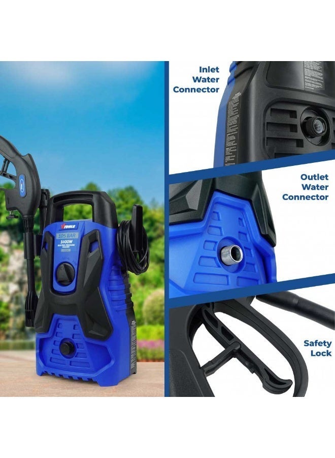 VTOOLS 1400W Electric Pressure Washer, 105 Bar, 5M Hose, 250ml Foam Bottle, Long Spray Gun, Inlet Filter, Compact Car Washer for Home, Garden, and Driveway Cleaning, Blue, VT1508-105 - Image 2