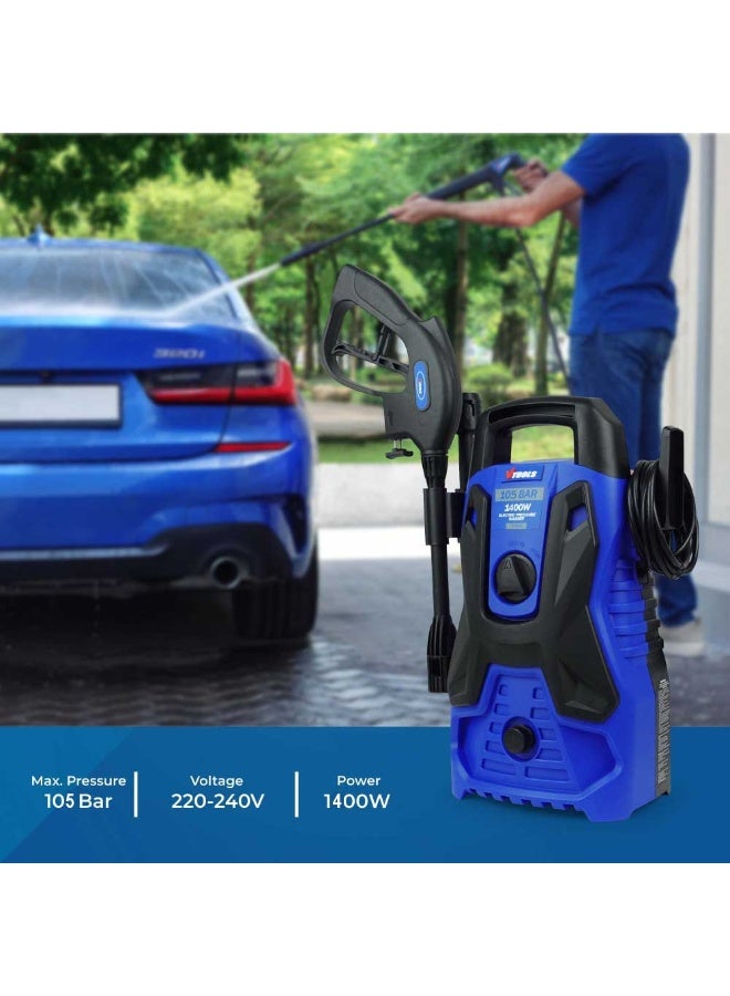 VTOOLS 1400W Electric Pressure Washer, 105 Bar, 5M Hose, 250ml Foam Bottle, Long Spray Gun, Inlet Filter, Compact Car Washer for Home, Garden, and Driveway Cleaning, Blue, VT1508-105 - Image 4
