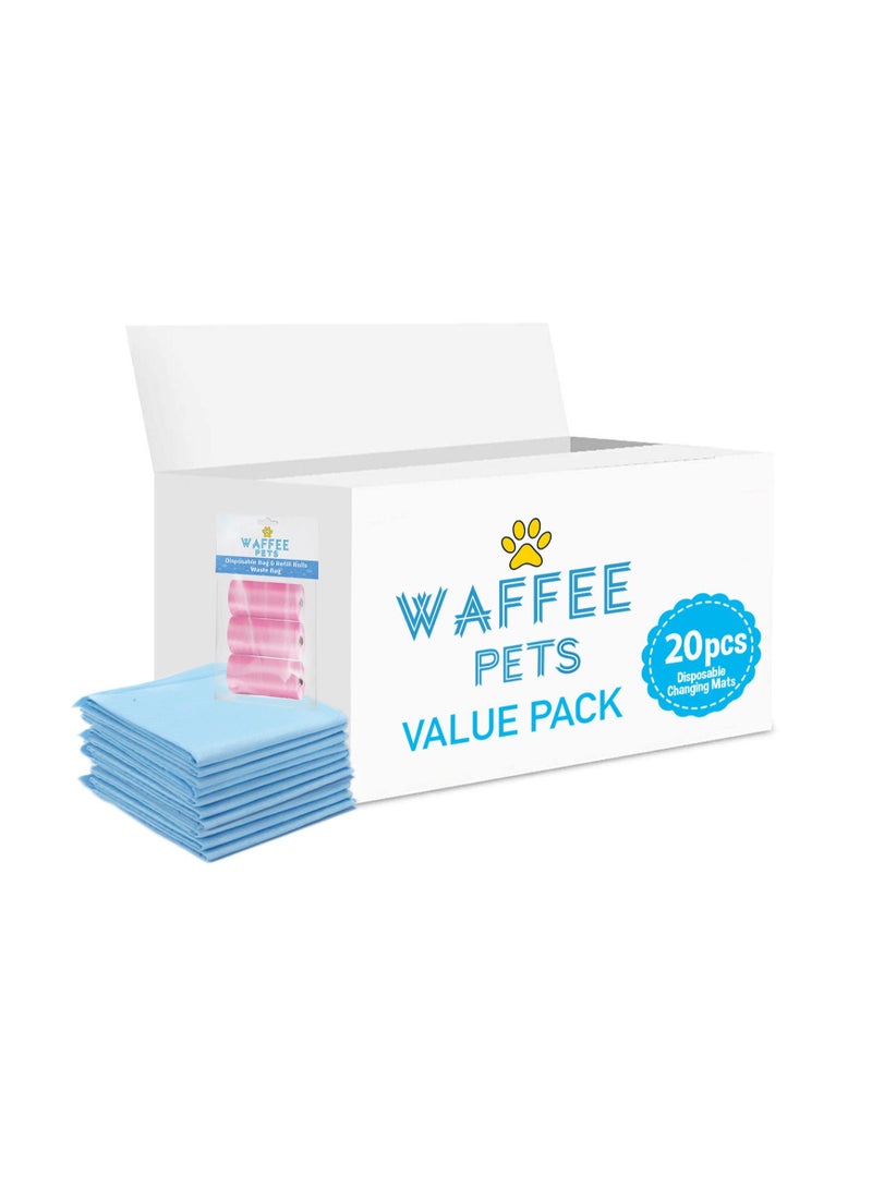 Waffee Waffee Disposable Changing Mat 20 + Pack of 1 Refill  PINK (3 Rolls) 60 Nappy Bags  - Image 1