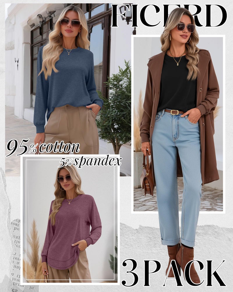 Ficerd 3 Pack Women's Long Sleeve Shirts, Cotton Crew Neck Tunic Tops Casual Loose Fit Pullover Sweatshirts Curved Hem Shirts(Black, Navy Blue, Wine Red,Large) - Image 2