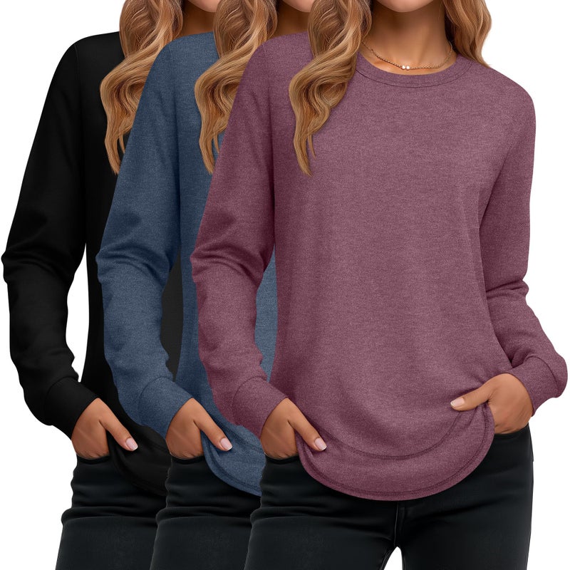 Ficerd 3 Pack Women's Long Sleeve Shirts, Cotton Crew Neck Tunic Tops Casual Loose Fit Pullover Sweatshirts Curved Hem Shirts(Black, Navy Blue, Wine Red,Large) - Image 1