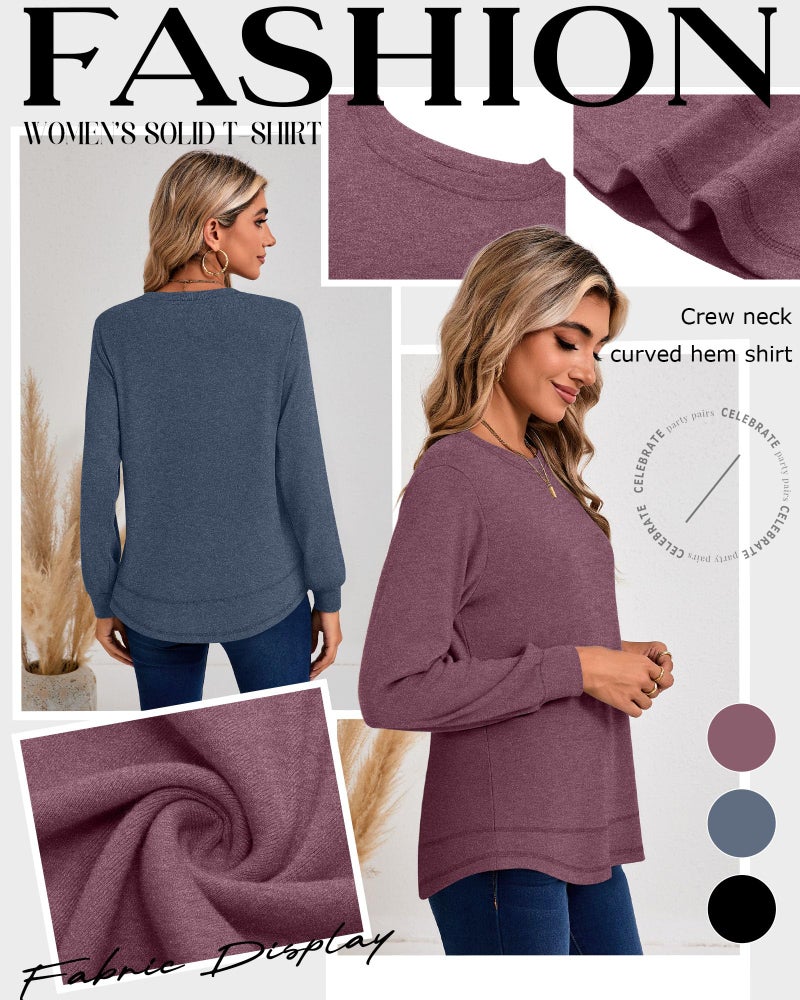 Ficerd 3 Pack Women's Long Sleeve Shirts, Cotton Crew Neck Tunic Tops Casual Loose Fit Pullover Sweatshirts Curved Hem Shirts(Black, Navy Blue, Wine Red,Large) - Image 4