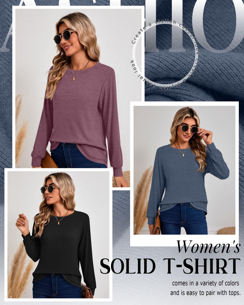 Ficerd 3 Pack Women's Long Sleeve Shirts, Cotton Crew Neck Tunic Tops Casual Loose Fit Pullover Sweatshirts Curved Hem Shirts(Black, Navy Blue, Wine Red,Large) - Image 5