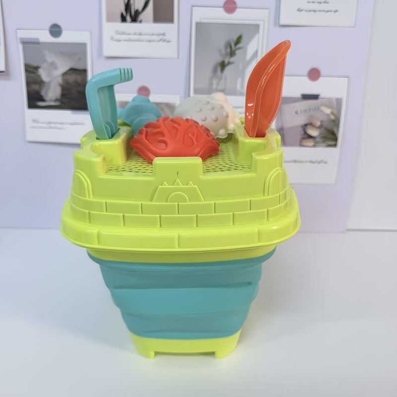 Folding Bucket 6 Piece Set Kids Beach Toy With Shovel And Rake Ocean Molds For Sand Digging Water Play And Outdoor Summer Fun - Image 3