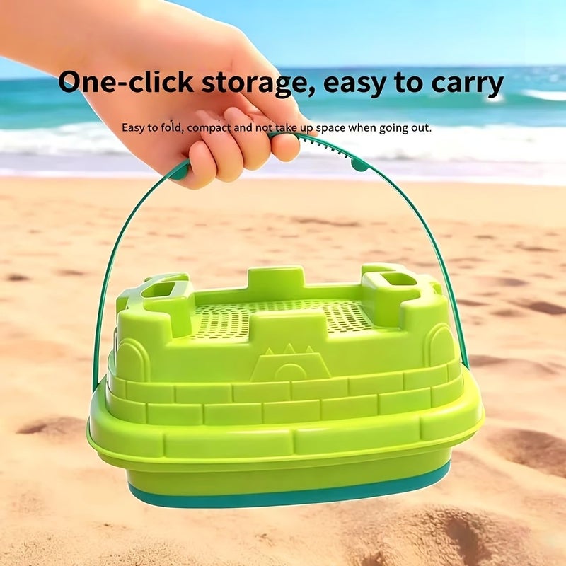 Folding Bucket 6 Piece Set Kids Beach Toy With Shovel And Rake Ocean Molds For Sand Digging Water Play And Outdoor Summer Fun - Image 1
