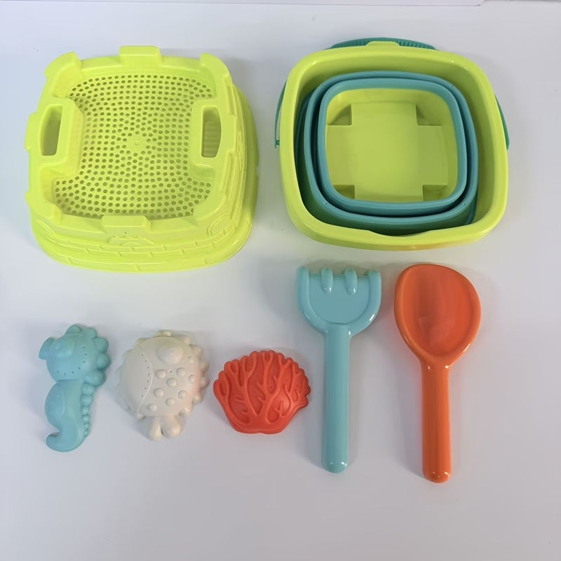 Folding Bucket 6 Piece Set Kids Beach Toy With Shovel And Rake Ocean Molds For Sand Digging Water Play And Outdoor Summer Fun - Image 4